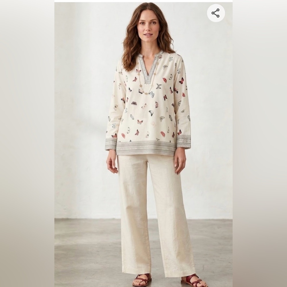 Coldwater Creek Butterfly Print V Neck Lagenlook Top Size XL